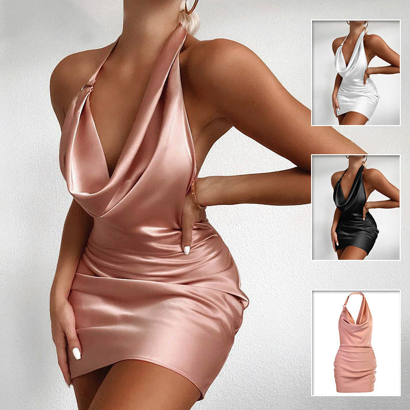 Satin Party Dress V Neck Backless